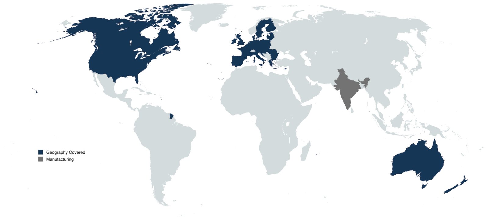 Map showing FERRASTACK manufacturing connections from India to North America, Europe and Australia